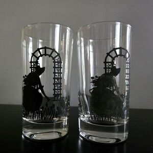 RARE Vintage Pair of Glasses With Black Silhouette Lady Picking Tulips/Flowers